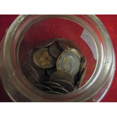 21 - JAR OF APPROX 40 X GEORGE V PENNY COINS