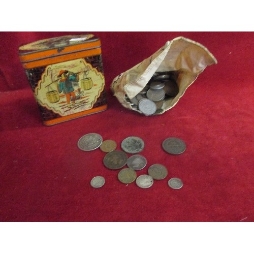 22 - BAG OF FOREIGN AND A FEW BRITISH COINS - EARLY 19TH CENTURY TO MID 20TH, SOME SILVER. INCLUDES GEORG... 