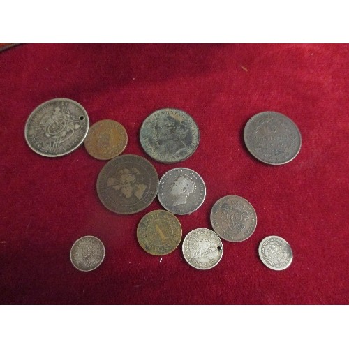 22 - BAG OF FOREIGN AND A FEW BRITISH COINS - EARLY 19TH CENTURY TO MID 20TH, SOME SILVER. INCLUDES GEORG... 