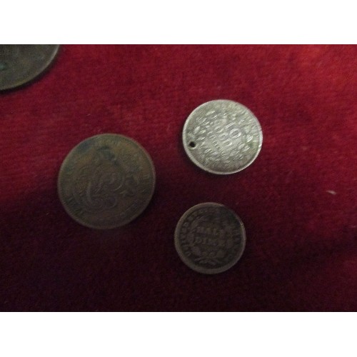 22 - BAG OF FOREIGN AND A FEW BRITISH COINS - EARLY 19TH CENTURY TO MID 20TH, SOME SILVER. INCLUDES GEORG... 