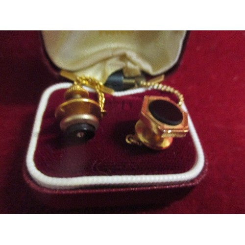 29 - TWO GENTS COLLAR / TIE STUDS - GOLD PLATED AND FRENCH JET, ONE WITH DIAMANTE