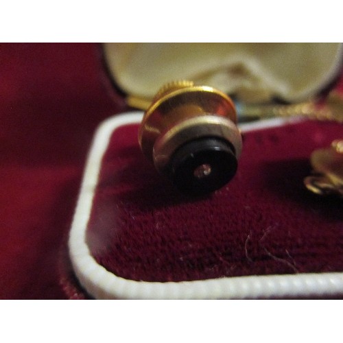 29 - TWO GENTS COLLAR / TIE STUDS - GOLD PLATED AND FRENCH JET, ONE WITH DIAMANTE