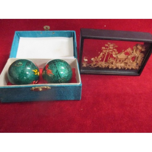 31 - VINTAGE CHINESE CORK DIORAMA - 12CM AND A PAIR OF BAODING BALLS