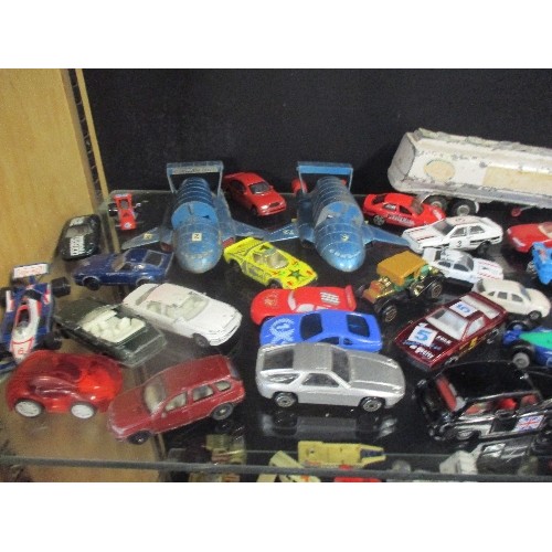 187B - 2 SHELVES OF PLAYWORN DIECAST VEHICLES - MATCHBOX, THUNDERBIRDS ETC