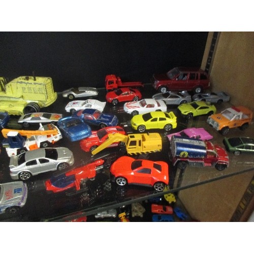 187B - 2 SHELVES OF PLAYWORN DIECAST VEHICLES - MATCHBOX, THUNDERBIRDS ETC