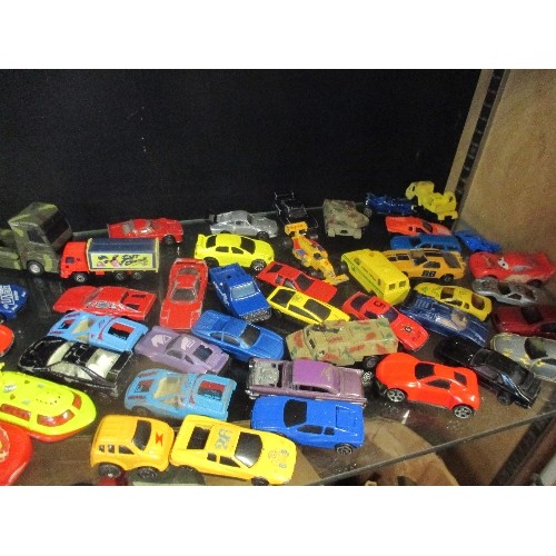 187B - 2 SHELVES OF PLAYWORN DIECAST VEHICLES - MATCHBOX, THUNDERBIRDS ETC