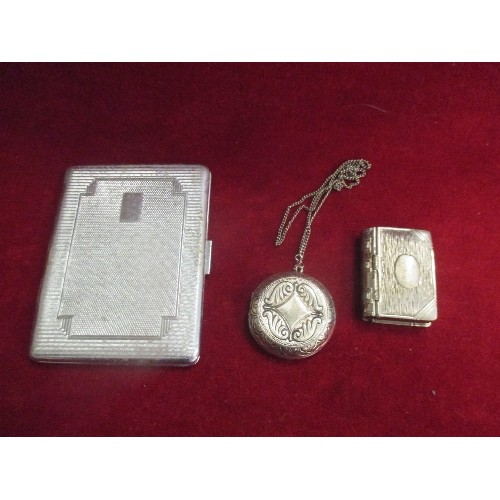 11 - VINTAGE VESTA & STAMP CASE IN THE SHAPE OF A BOOK, CHROME PLATED CIGARETTE CASE & A LOCKET