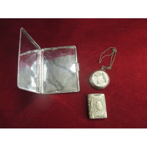 11 - VINTAGE VESTA & STAMP CASE IN THE SHAPE OF A BOOK, CHROME PLATED CIGARETTE CASE & A LOCKET