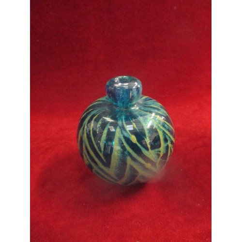 3 - MDINA GLASS BOTTLE - 10CM DIA, MISSING STOPPER AND A POOLE POTTERY VASE WITH 