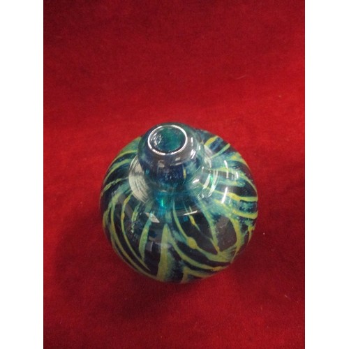 3 - MDINA GLASS BOTTLE - 10CM DIA, MISSING STOPPER AND A POOLE POTTERY VASE WITH 