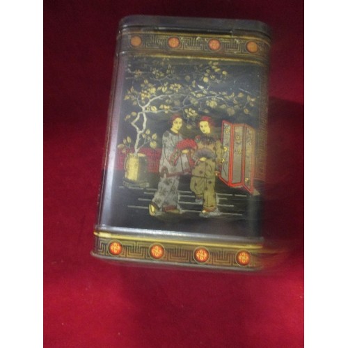 54 - VINTAGE TOLEWARE TEA CADDY TIN - CHINESE DESIGN