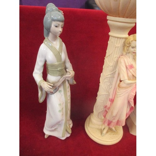 90 - 3 FEMALE FIGURES, ONE IS ORIENTAL STYLE PORCELAIN BY CASADES SPAIN, ANOTHER LLADRO STYLE