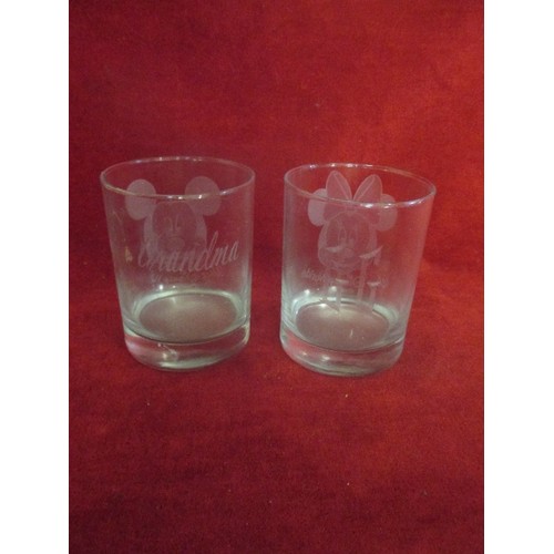 71 - TWO DISNEY WORLD ETCHED GLASS MUGS, WITH MICKEY AND MINNIE MOUSE, 