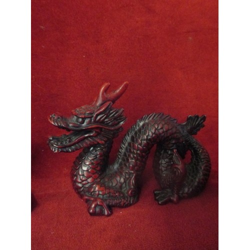 73 - A CHINESE HARDSTONE DRAGON, RESIN DRAGON AND A HARDSTONE SEAL