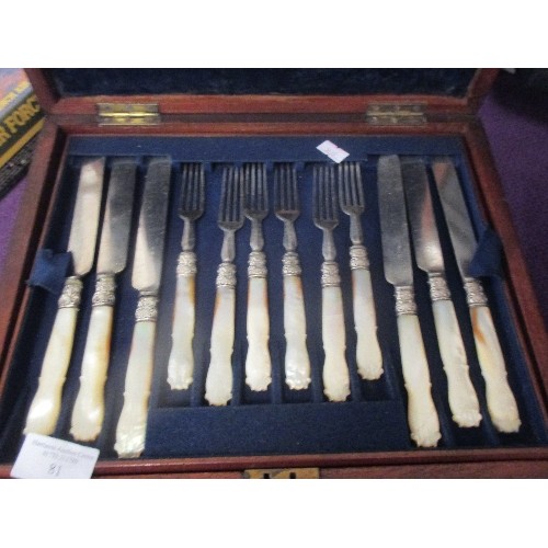 81 - SET OF VICTORIAN DESSERT KNIVES AND FORKS WITH MOTHER OF PEARL HANDLES, IN A MAHOGANY CASE