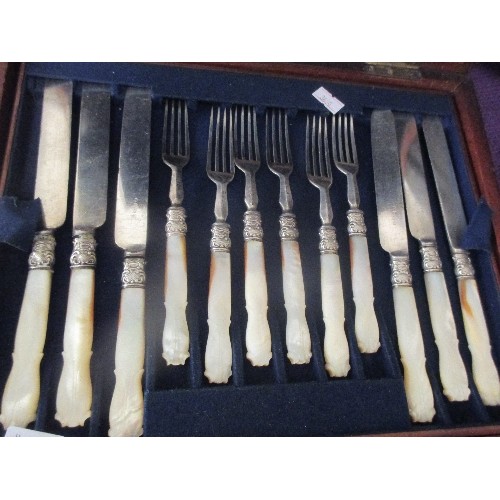 81 - SET OF VICTORIAN DESSERT KNIVES AND FORKS WITH MOTHER OF PEARL HANDLES, IN A MAHOGANY CASE