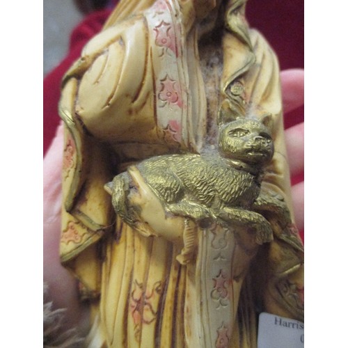 91 - HEAVY RESIN FIGURE OF A MIDDLE EASTERN WOMAN WITH CAT - 30CM