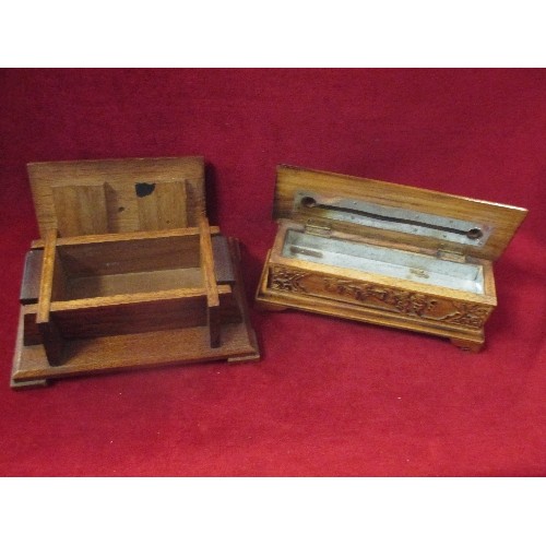 98 - VINTAGE OAK CIGARETTE BOX AND A TIBETAN INCENSE BOX