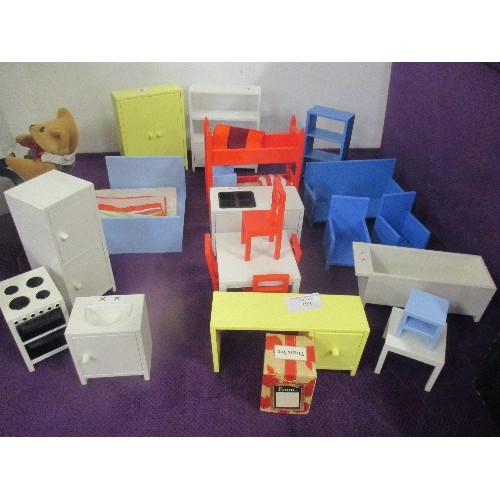 102 - COLLECTION OF DOLLS (LARGE DOLLS HOUSE?) FURNITURE - DINING ROOM, SITTING ROOM, BEDROOM, KITCHEN