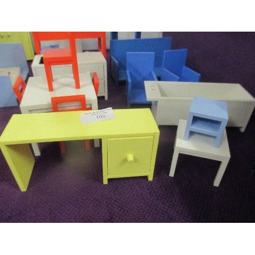 102 - COLLECTION OF DOLLS (LARGE DOLLS HOUSE?) FURNITURE - DINING ROOM, SITTING ROOM, BEDROOM, KITCHEN