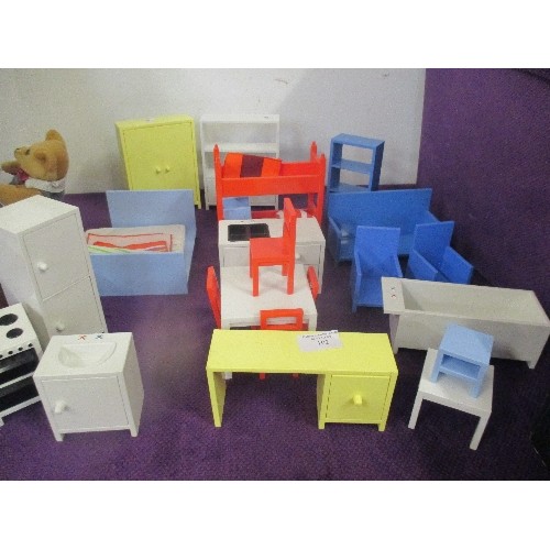 102 - COLLECTION OF DOLLS (LARGE DOLLS HOUSE?) FURNITURE - DINING ROOM, SITTING ROOM, BEDROOM, KITCHEN