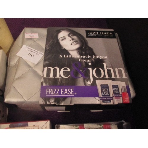 103 - SELECTION OF TOILETRIES - AS NEW IN PACKAGING. INCLUDES JOHN FRIEDA MAKE UP BAG,  HEATHCOTE & IVORY ... 