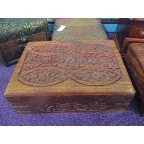 111 - FIVE WOODEN BOXES INCLUDING  INDIAN CARVED WOOD TRINKET BOXES, MAHOGANY JEWELLERY BOX WITH DRAWER