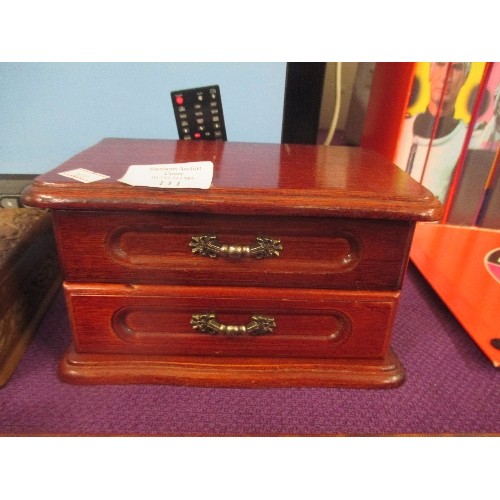 111 - FIVE WOODEN BOXES INCLUDING  INDIAN CARVED WOOD TRINKET BOXES, MAHOGANY JEWELLERY BOX WITH DRAWER