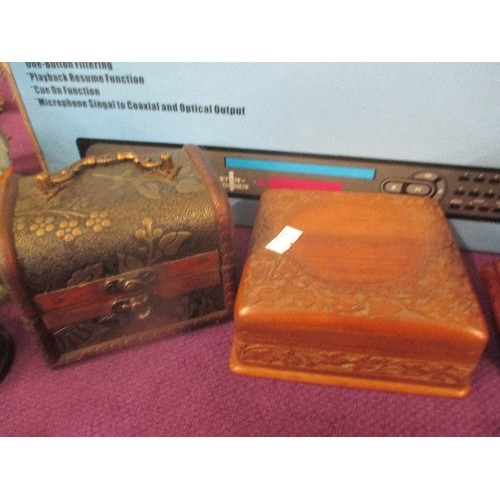 111 - FIVE WOODEN BOXES INCLUDING  INDIAN CARVED WOOD TRINKET BOXES, MAHOGANY JEWELLERY BOX WITH DRAWER