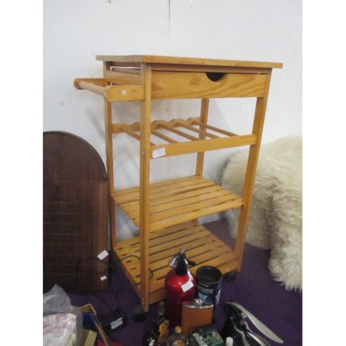 114 - KITCHEN PINE TROLLEY TABLE WITH DRAWER  AND RACKS