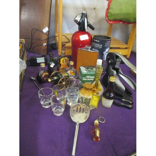 117 - BAR ITEMS INCLUDING BOC SODA SYPHON, CORKSCREW, VINTAGE LIQUEUR BOTTLES, GLASSES, SPIRIT FLASK ETC