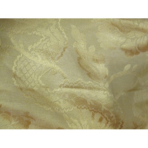 144 - ROLL OF LINEN UNION FABRIC IN YELLOW OCHRE AND IVORY AND ANOTHER OF DAMASK IN GOLD COLOUR WITH FLOWE... 