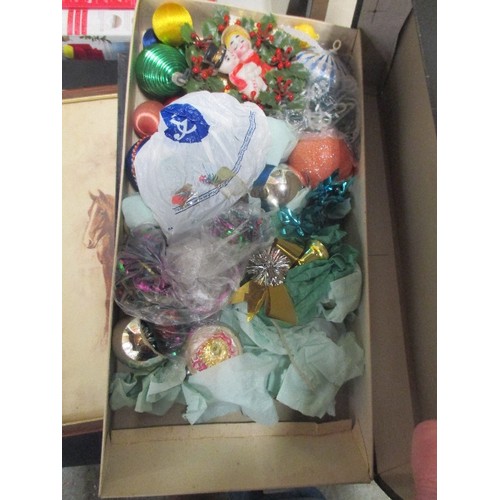 152 - 4 X BOXES OF VINTAGE CHRISTMAS DECORATIONS - GLASS BAUBLES, TREE FAIRIES ETC - ALL IN VINTAGE SHIRT ... 