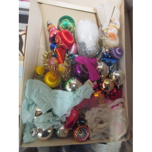 152 - 4 X BOXES OF VINTAGE CHRISTMAS DECORATIONS - GLASS BAUBLES, TREE FAIRIES ETC - ALL IN VINTAGE SHIRT ... 