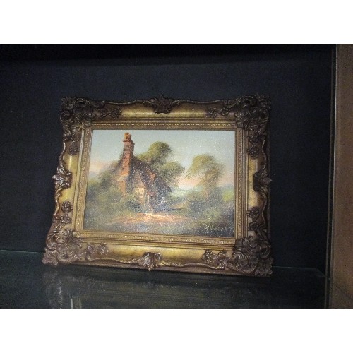 157 - OIL PAINTING ON CANVAS OF A COUNTRY COTTAGE WITH FIGURE, SIGNED J HORSEWELL. GILT FRAME - 48CM X 40C... 