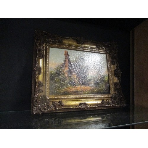 157 - OIL PAINTING ON CANVAS OF A COUNTRY COTTAGE WITH FIGURE, SIGNED J HORSEWELL. GILT FRAME - 48CM X 40C... 