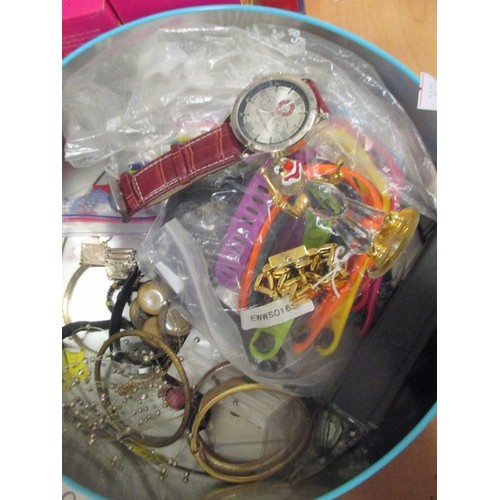 179 - TWO TUBS OF COSTUME JEWELLERY AND WATCHES INCLUDING A GENTS WATCH MARKED DANIEL HECHTER