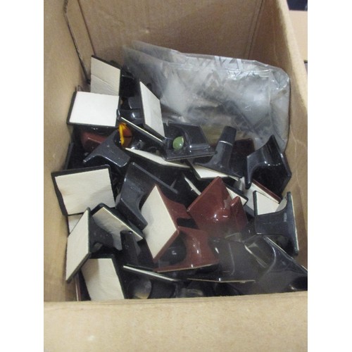 196 - TWO BOXES FULL OF WALL HOOKS FOR COATS ETC. INCUDES LARGE WHITE, SMALL WHITE, BLACK, BROWN AND FLOWE... 