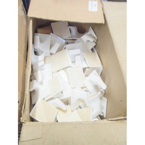 196 - TWO BOXES FULL OF WALL HOOKS FOR COATS ETC. INCUDES LARGE WHITE, SMALL WHITE, BLACK, BROWN AND FLOWE... 