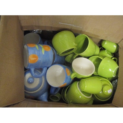 131 - BOX OF GREEN AND BLUE CHINA  - MUGS, TEAPOT ETC