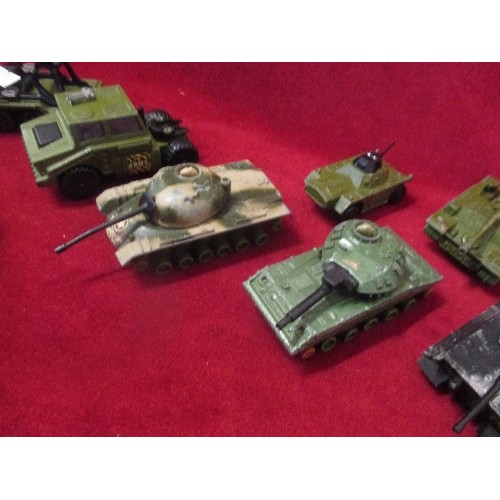 57 - 8 X DIE CAST TANKS AND MILITARY VEHICLES INC DINKY SHADO 2, MATCHBOX TRANSPORTER, MATCHBOX SHERIDAN ... 