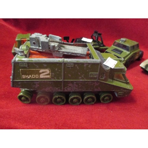 57 - 8 X DIE CAST TANKS AND MILITARY VEHICLES INC DINKY SHADO 2, MATCHBOX TRANSPORTER, MATCHBOX SHERIDAN ... 