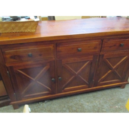 252 - DARK WOOD SIDEBOARD THE CUPBOARD DOORS WITH CROSS PANEL DESIGN - 150CM X 45CM X 84CM