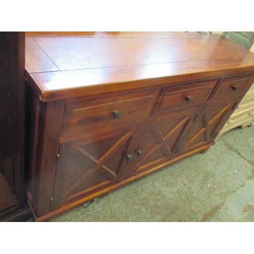 252 - DARK WOOD SIDEBOARD THE CUPBOARD DOORS WITH CROSS PANEL DESIGN - 150CM X 45CM X 84CM