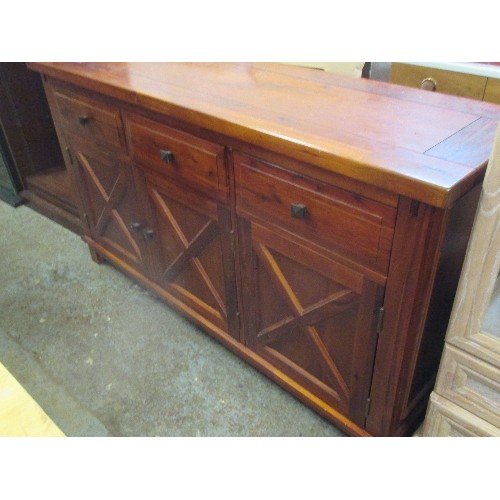 252 - DARK WOOD SIDEBOARD THE CUPBOARD DOORS WITH CROSS PANEL DESIGN - 150CM X 45CM X 84CM