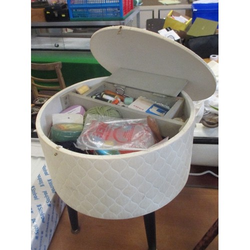 229 - A MID CENTURY SEWING BOX STOOL WITH QUILTED COVER ON TAPERED LEGS - FULL OF VINTAGE SEWING CONTENTS ... 