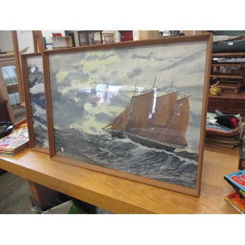 225 - PAIR OF LARGE MID 20TH CENTURY GOUACHE PAINTINGS OF SHIPS IN ROUGH SEAS, SIGNED J DENTON - FRAMES 76... 