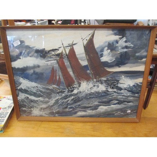 225 - PAIR OF LARGE MID 20TH CENTURY GOUACHE PAINTINGS OF SHIPS IN ROUGH SEAS, SIGNED J DENTON - FRAMES 76... 