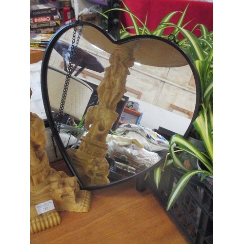 242A - A LOVE HEART MIRROR WITH BLACK METAL FRAME ON BLACK CHAIN