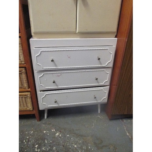 283 - MID CENTURY PAINTED LP VINYL CUPBOARD AND A THREE DRAWER CHEST PAINTED WHITE